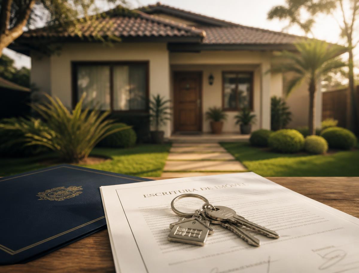 Casa residencial com escritura de imóvel e chaves sobre a mesa